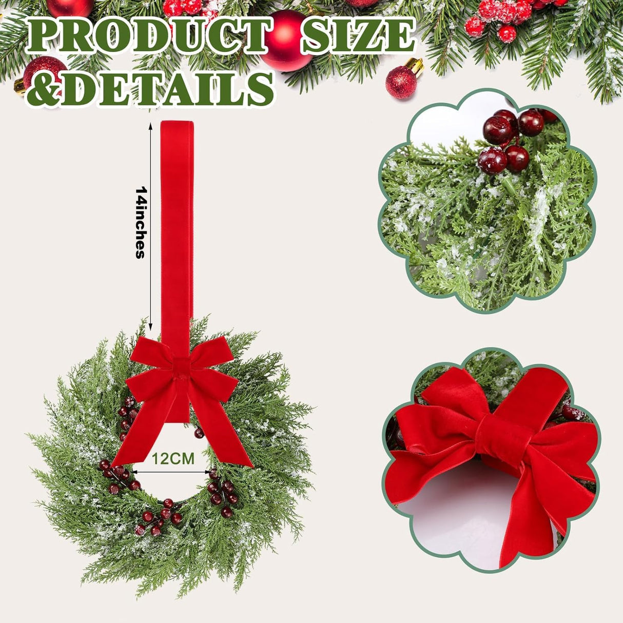 6 Pcs Small Christmas Norfolk Wreaths 15 Inch Christmas Kitchen Cabinet Mini Wreath Real Touch with Bow Ribbon Cedar Red Berry for Xmas Front Door Window Chair Fireplace Table Pillar Farmhouse Decor
