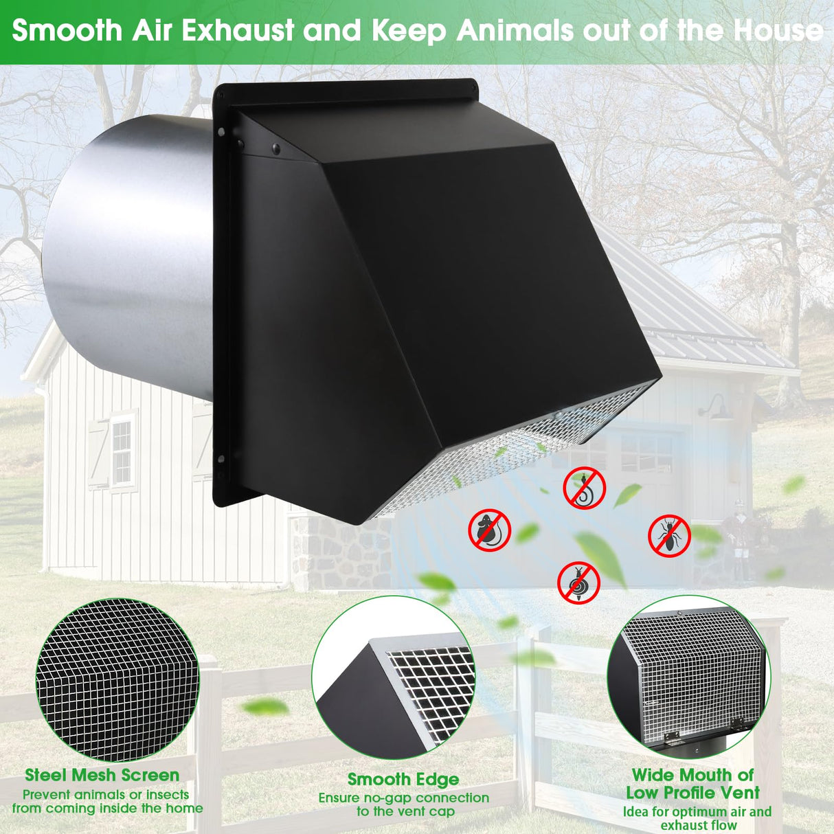 4 Inch Hooded Wall Vent with Screen and Damper,Outdoor Dryer Vent Cover for 4 inch Pipe,Wall Exhaust Vent Cover Cap External Extractor for House Ventilation&Outside Air Exhaust,Galvanized Steel,Black