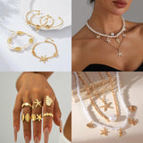 Vieyomn 32 Pcs Starfish Seashell Jewelry Set for Women Layer Necklace Bracelets Stackable Shell Starfish Rings Stud Earrings Pearl Beach Vacation Accessories