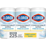 Clorox Free & Clear Compostable Cleaning Wipes, Light Lemon Scent, 75 Count, Pack of 3 (Pack May Vary)
