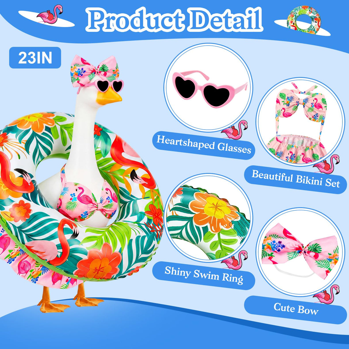 Ciyufavo 23 in Porch Goose Summer Outfit Bikini, Hawaiian Porch Goose Swimsuit Clothes Costume Accessories with Bow Glasses Swim Ring for 23" Summer Goose Garden Patio Statue Decor (Flamingos)