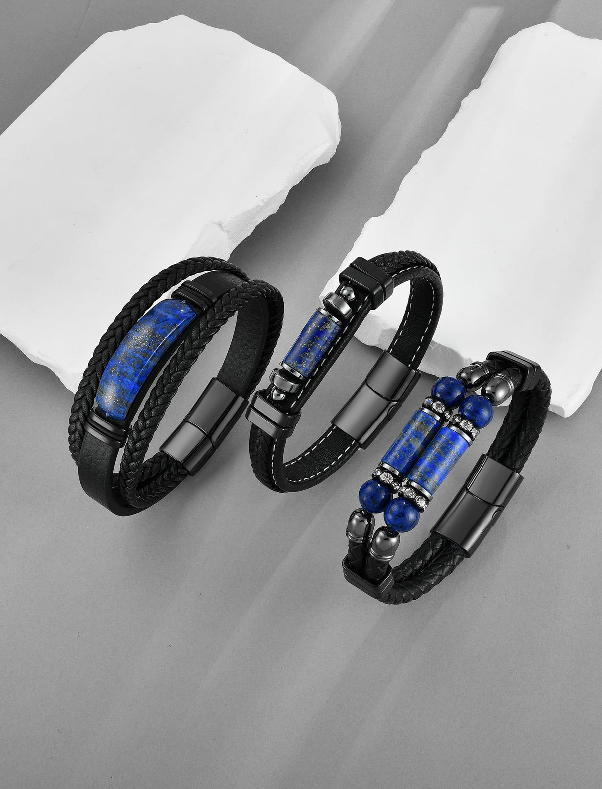 Starnny Lapis Lazuli Bracelets for Men Leather Black Bracelet