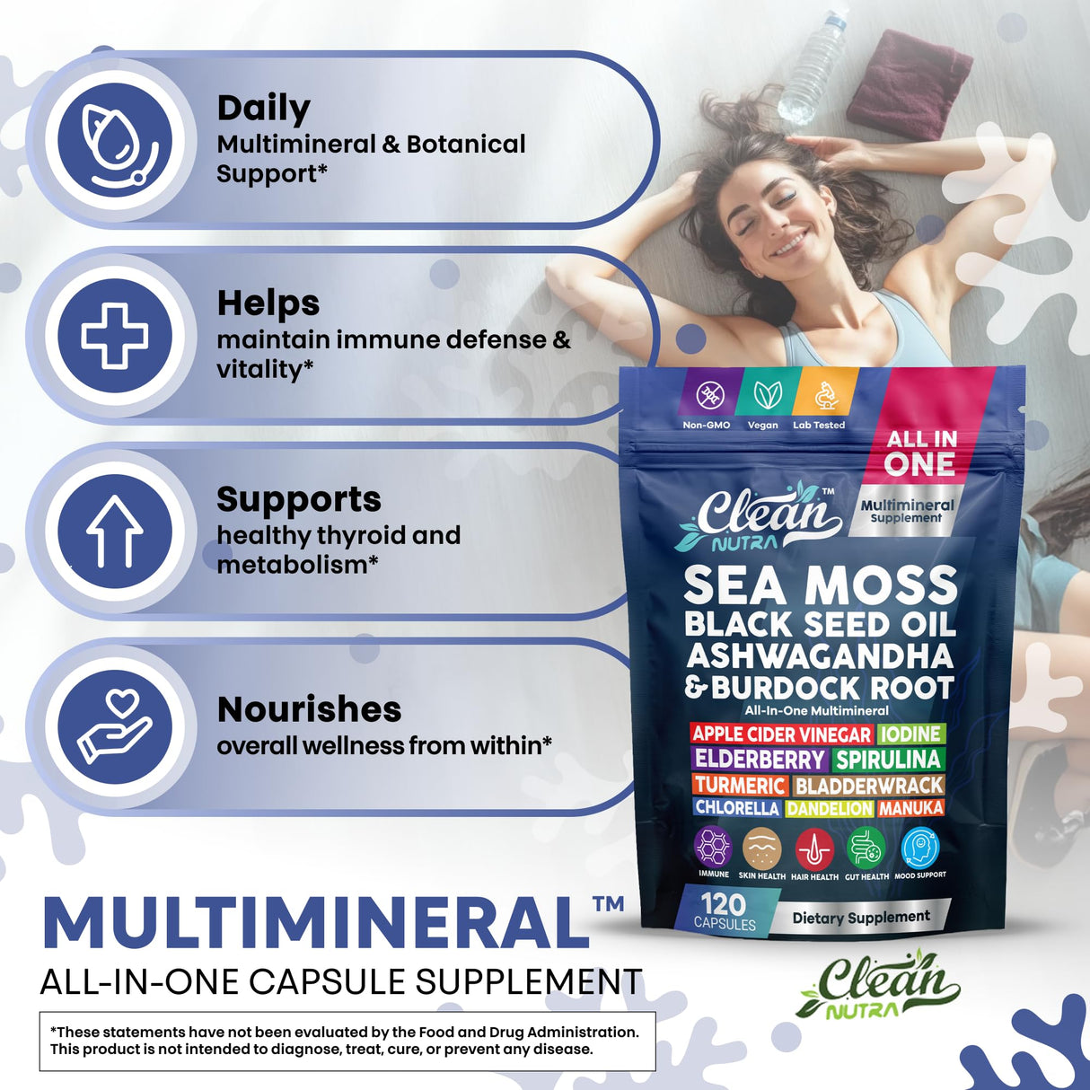Clean Nutraceuticals Sea Moss Black Seed Oil Ashwagandha Turmeric Bladderwrack Burdock & Vitamin C Vitamin D3 with Elderberry Manuka Dandelion (120 Count (Pack of 1))