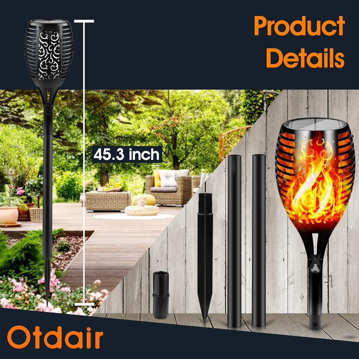 Otdair 43" Solar Torch Lights Outdoor with Flickering Flame for Halloween