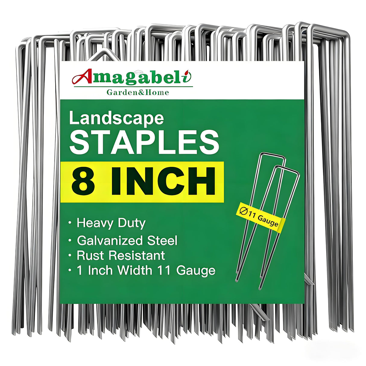 AMAGABELI 8 Inch 200 Pack Galvanized Landscape Staples 11 Gauge Anti-Rust Heavy Duty Garden Stakes Plant Cover Spikes U-Shaped Sod Pins Fence Stakes for Weed Barrier,Irrigation Tubing,Lawns,Decoration
