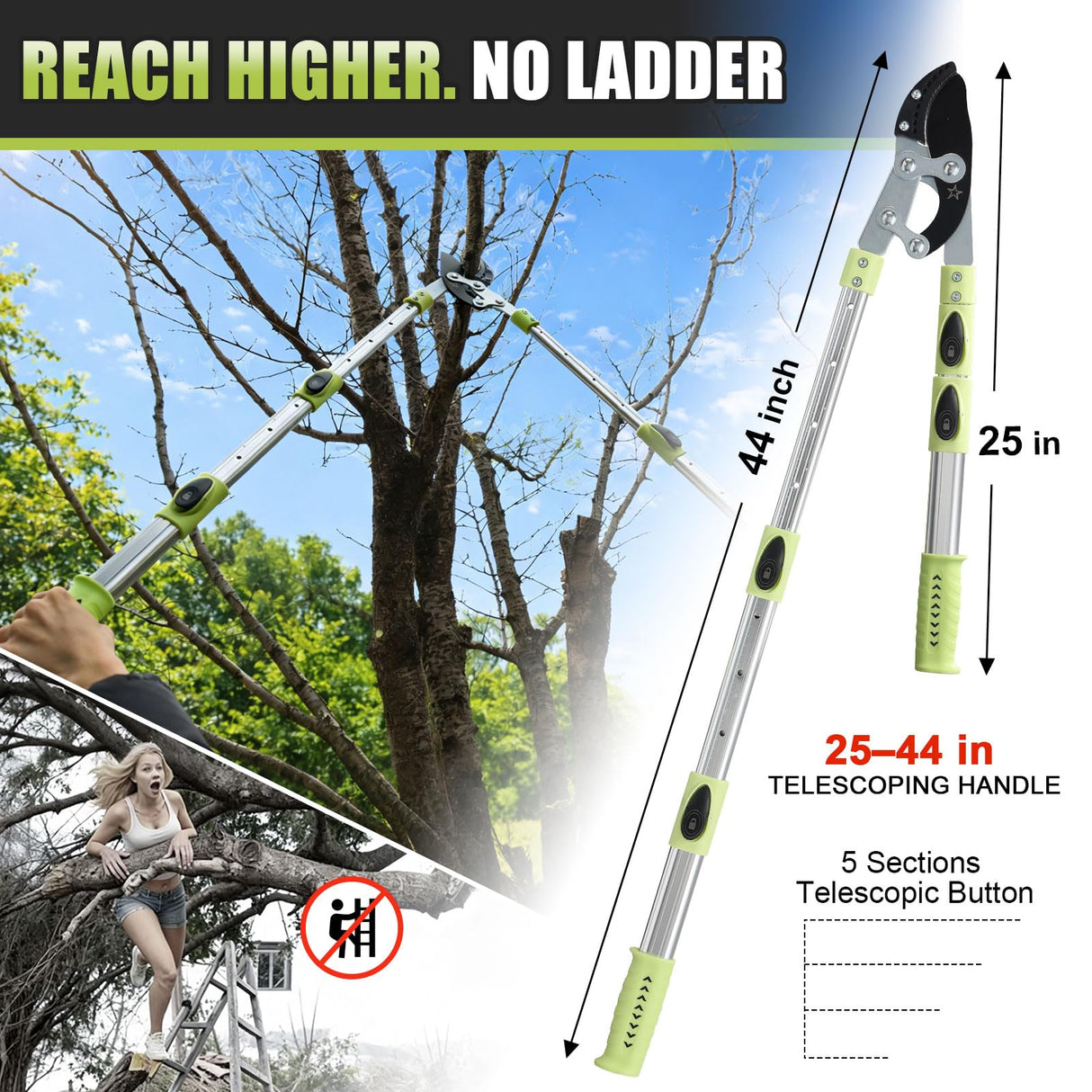Heavy Duty Hand Loppers Pruning Shears for Gardening,25"-44" Extendable Branch Cutter for Tree Limb Trimming, Lightweight Anvil Lopping Shears for up to 2” Thick Branches Cutters (Green)