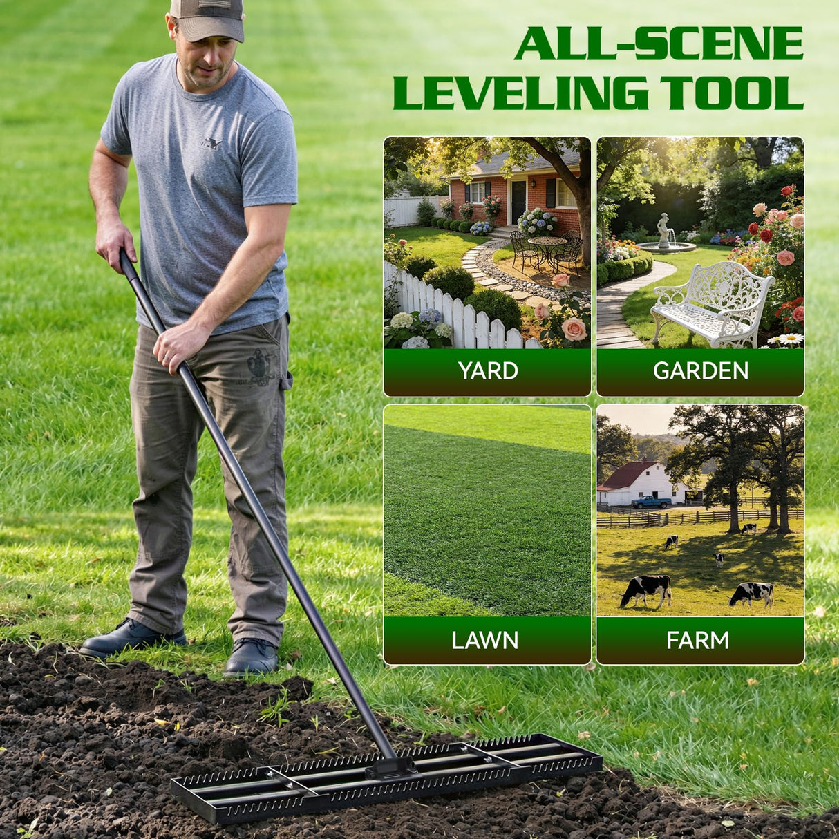 Housolution 32"x10" Lawn Leveling Rake with Serrated Edge & Smooth Plate