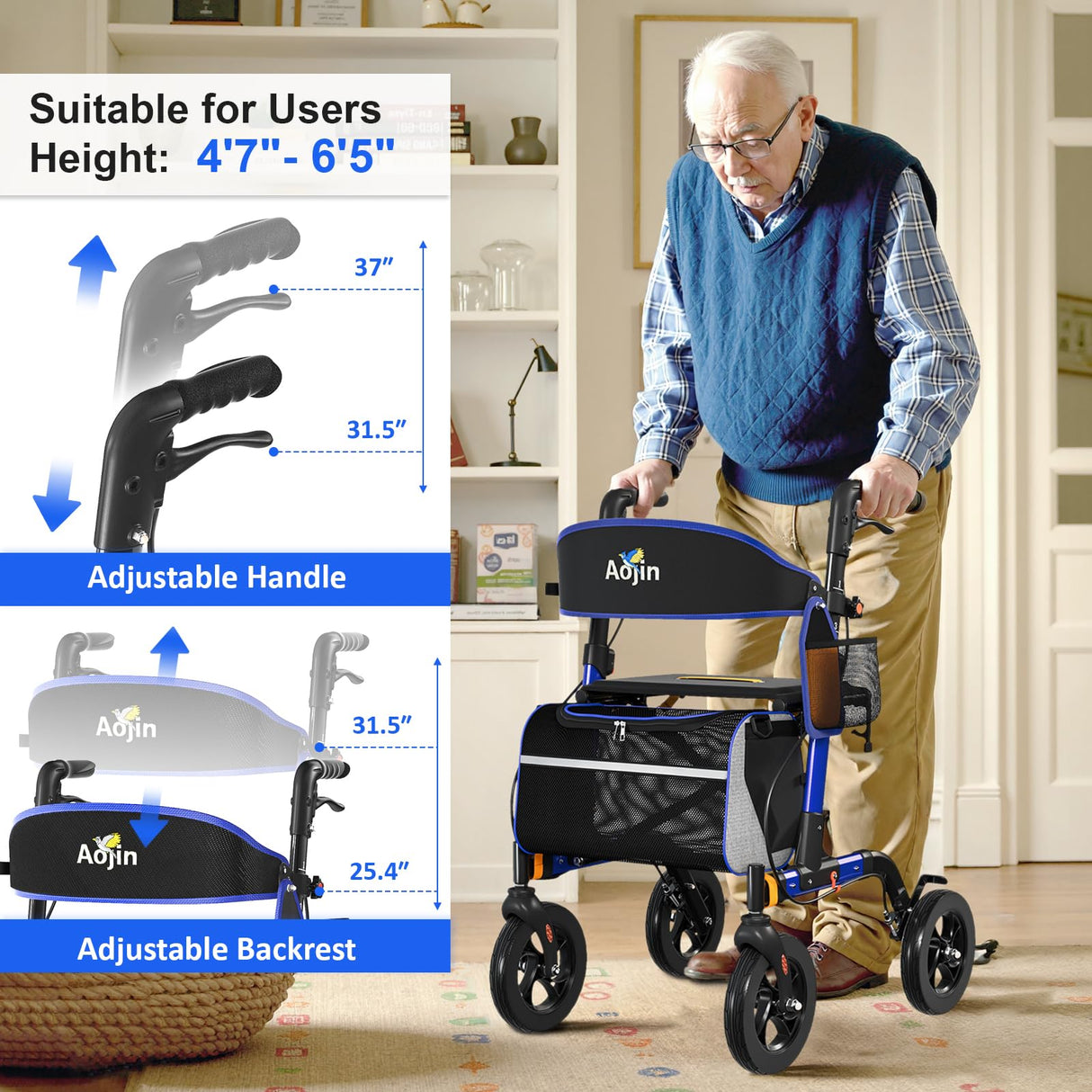 Walkers for Seniors, Rollator Walker with Seat, 350 lb Weight Capacity, 18" Big Seat, 8" All-Terrain Wheels, 6-Level Adjustable Height, Lightweight Aluminum Frame Rollator Walkers for Seniors (Blue)