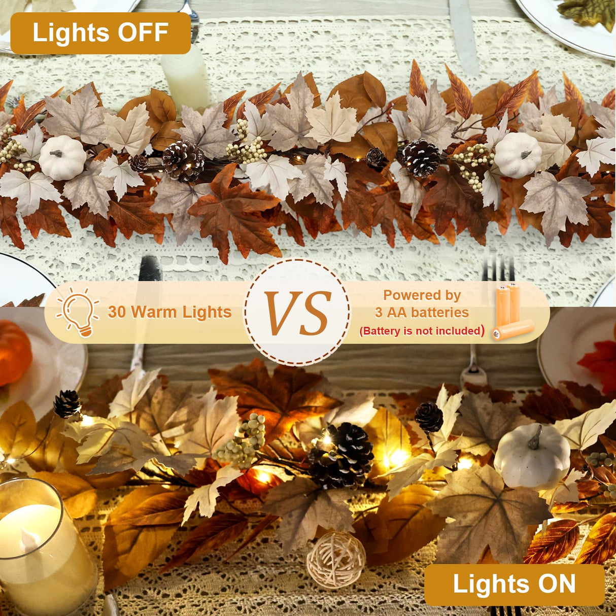 6 FT Fall Garland with Lights Automatic ON/Off Fall Leaves Mantle Garland with Pumpkins Berries Pinecones Outdoor Thanksgiving Christmas Autumn Centerpiece Decorations for Home Door Fireplace Porch