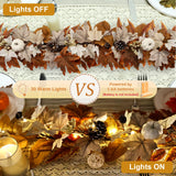 6 FT Fall Garland with Lights Automatic ON/Off Fall Leaves Mantle Garland with Pumpkins Berries Pinecones Outdoor Thanksgiving Christmas Autumn Centerpiece Decorations for Home Door Fireplace Porch