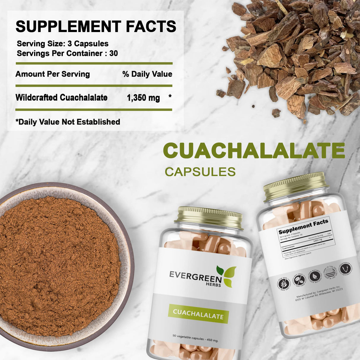 Evergreen Herbs Cuachalalate Herb (Amphipetyglum Adstringens) - Resealable Stand Up Pouch to Ensure Freshness! (Capsules)