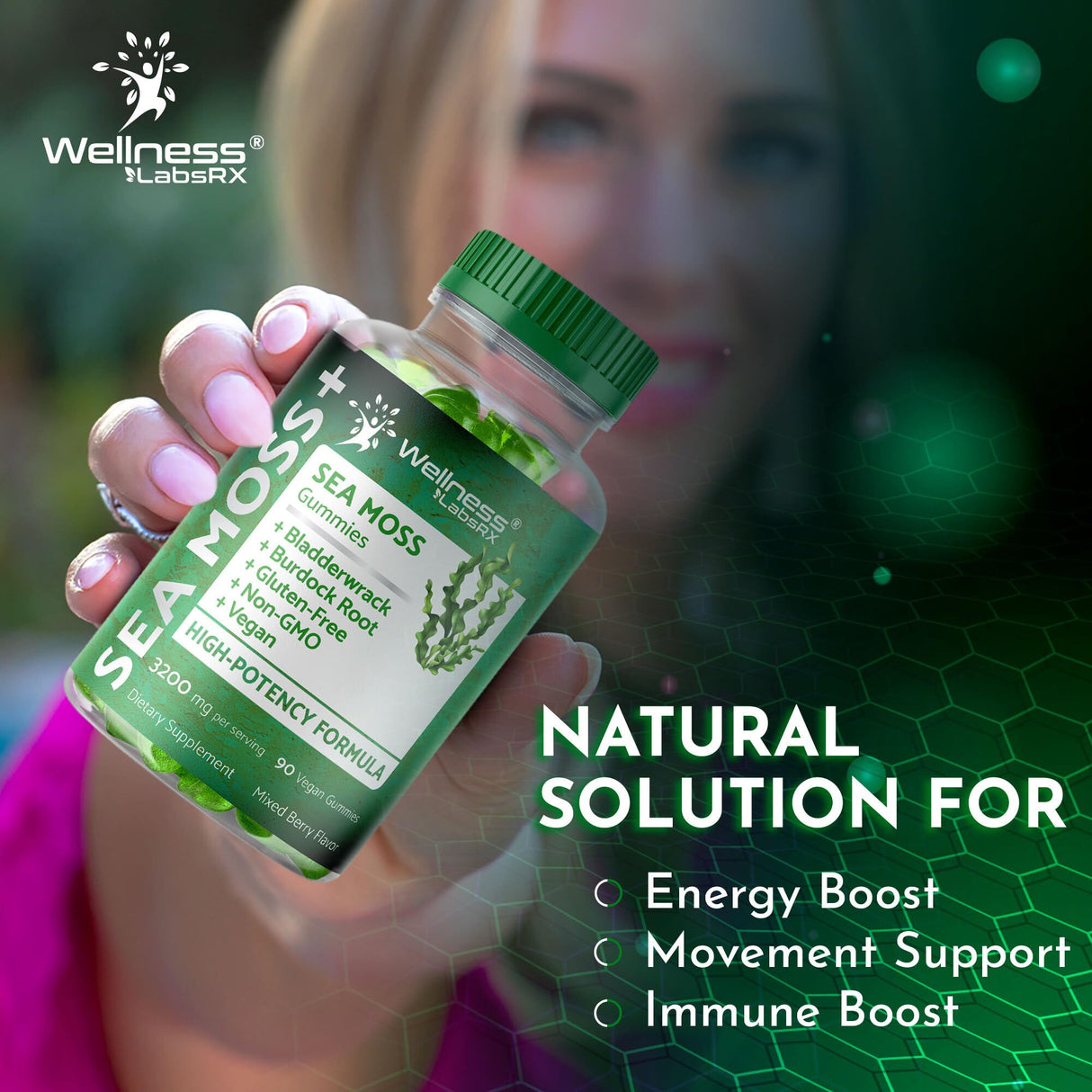 WELLNESS LABSRX Sea Moss Gummies, 3200mg Irish Sea Moss Mixed Berry Flavor with Maximum Potency Bladderwrack and Burdock Root - Supports Skin, Energy and Immunity - 90 Count