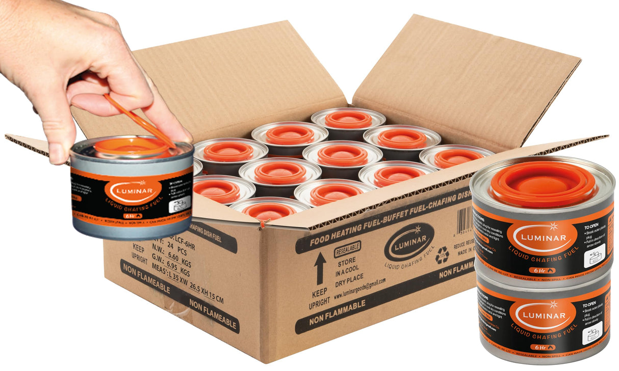 Luminar Resealable-Wick Chafing Fuel Cans, 24 Pack, 6 Hour - Premium Quality Burners for Food Warmers - No More Spills, Waste, or Hassle - Perfect for Convenient, and Long-Lasting Event Catering