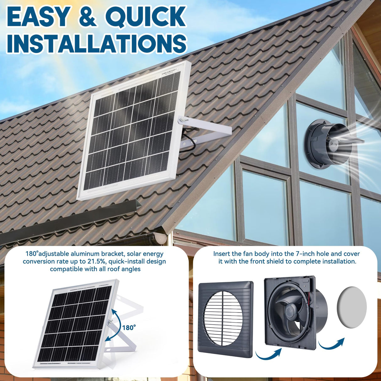Solar Powered Exhaust Fan, 25W Solar Panel+8" High Speed Solar Powered Fans, Solar Exhaust Intake Fan Kit with Bracket, Anti-backflow Valve, Power Adapter, Vent Fan for Shed, Greenhouse, Attic