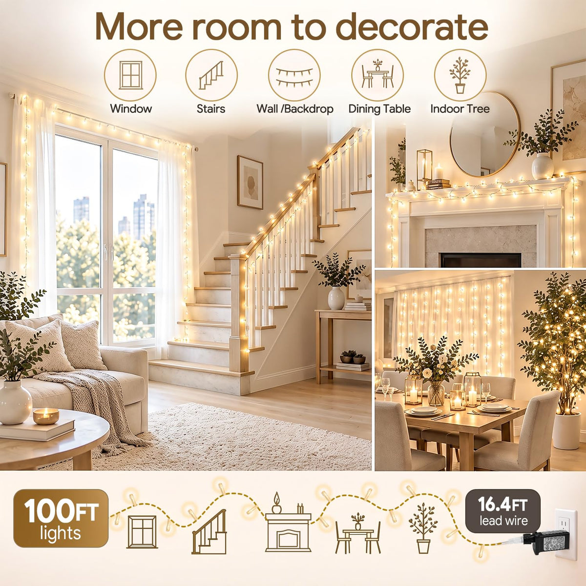 100+16.4FT Warm White Christmas Fairy Lights, Connectable String with Timer