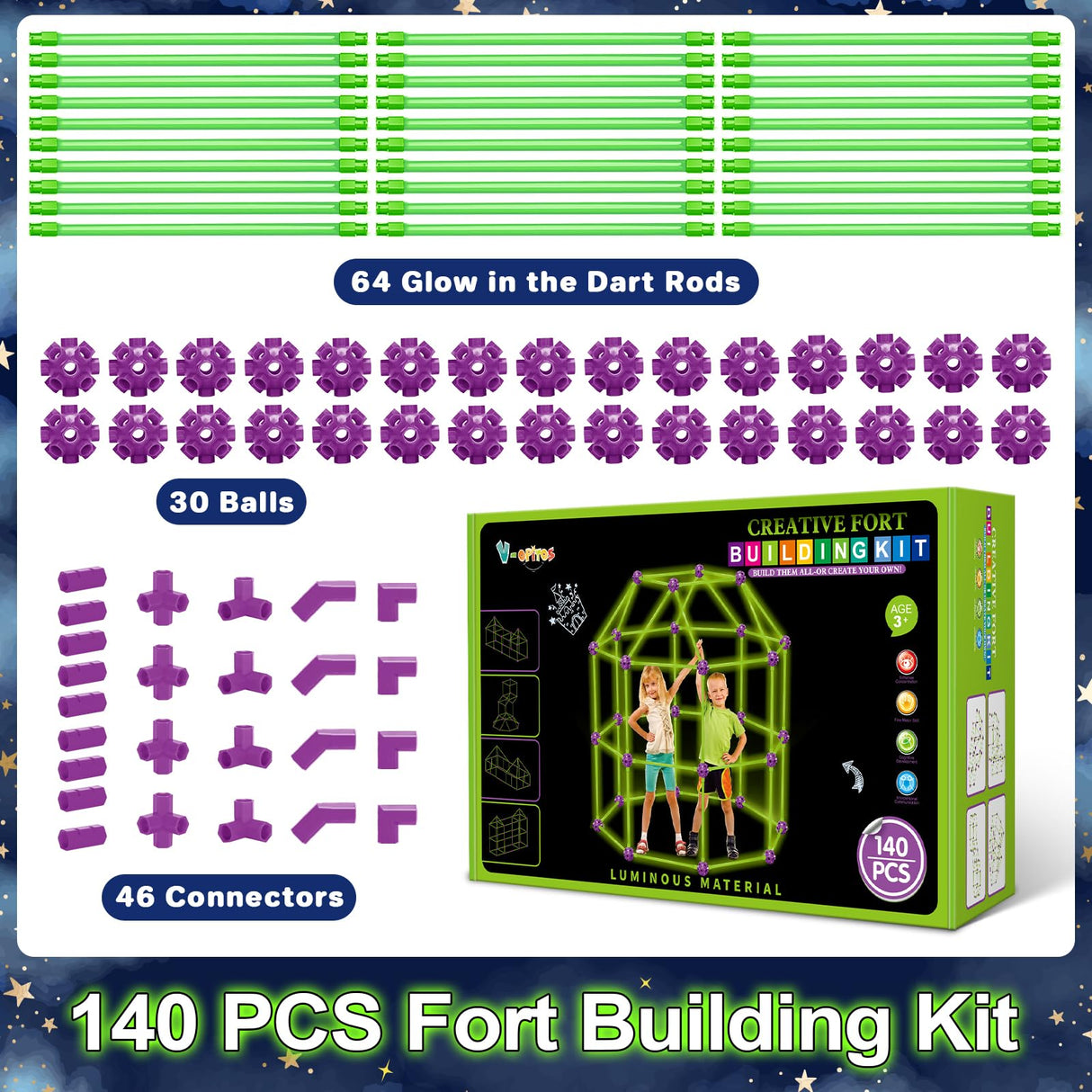 V-Opitos 140 Pack Glow in The Dart Fort Building Kits for Kids Age 4, 5, 6, 7, 8+ Years Old, STEM Building Toys for DIY Castles, Tunnels, Ideal Christmas, Birthday Gifts for Boys & Girls