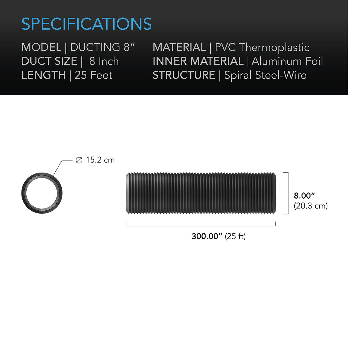 AC Infinity Flexible 8-Inch Aluminum Ducting, Heavy-Duty Four-Layer Protection, 25-Feet Long for Heating Cooling Ventilation and Exhaust
