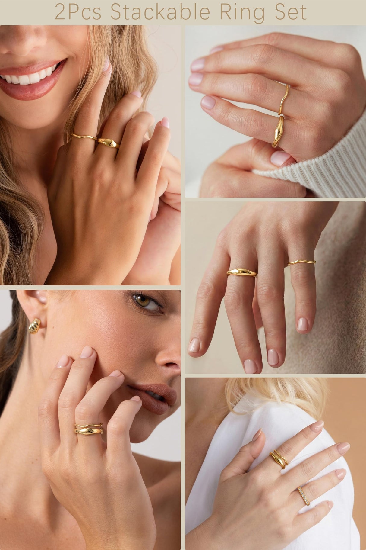 GoldGifts Non Tarnish Gold Chunky Rings Set for Women Men, 14K Gold Plated Pinky Rings Size 3.5 Statement Dome Rings Stacking Eternity Wedding Band Jewelry