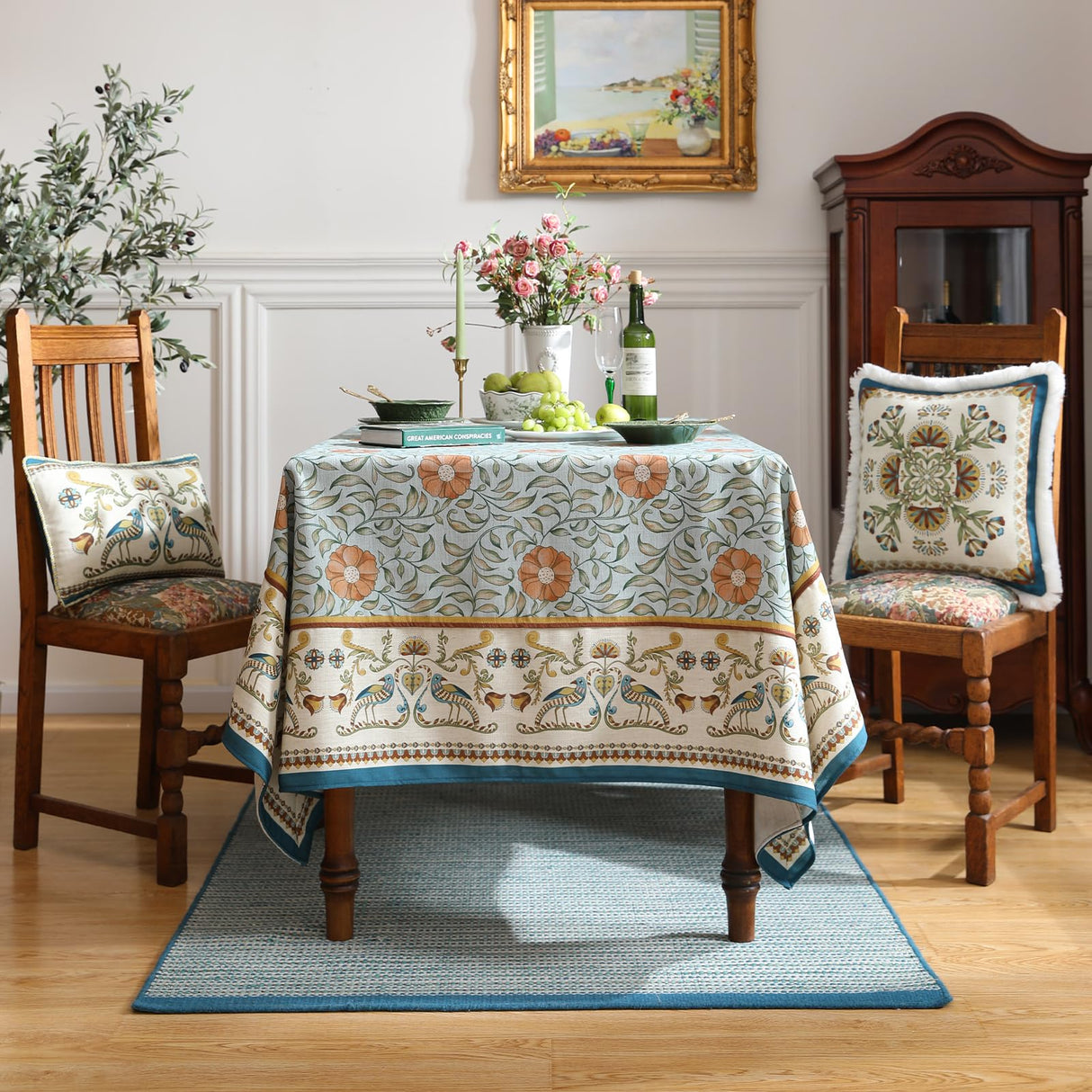 patdrea Designer French Linen Tablecloth Rectangle for Tables,Italian Floral Tablecloth,Provencal Country Tablecloths,FlowerBlue Pattern Table Cover for Kitchen Dining,Christmas,55"x79"