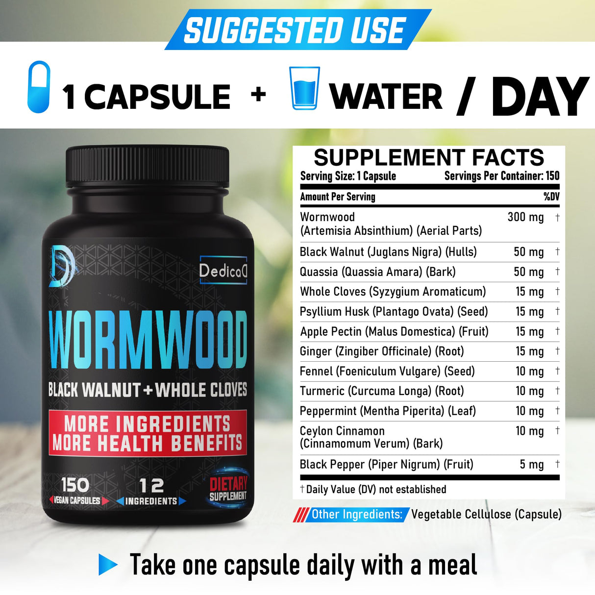 DEDICAD Premium Wormwood Extract Capsules - 5 Month Supply for Digestive, Immune - 12 Herbs Blended with Black Walnut Leaves, Ginger, Turmeric & More - 150 Counts