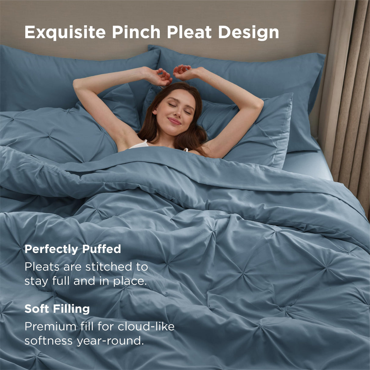 Bedsure Queen Comforter Set Mineral Blue - Bed in a Bag Queen 7 Pieces, Pintuck Bedding Sets Gift for Christmas, Pinch Pleat Bed Set with Queen Size Comforter, Sheets, Pillowcases & Shams