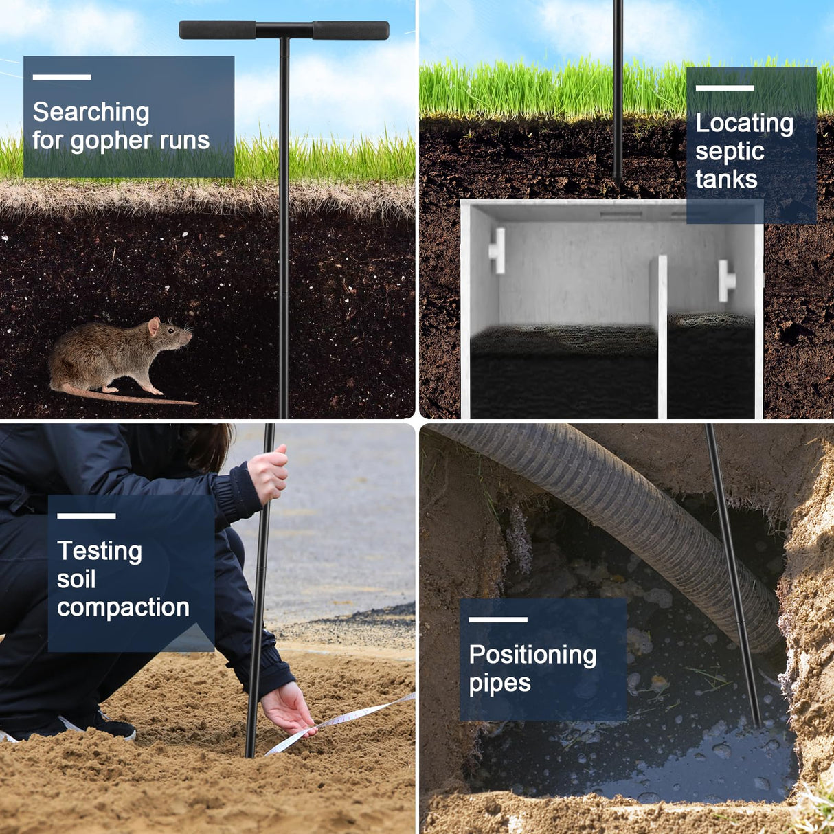 Soil Probe Rod, 48 Inch Metal Septic Tank Locator Tool Ground Probe Rod for Soil Compaction, Locating Underground Pipes and Gopher Runs, Gardening