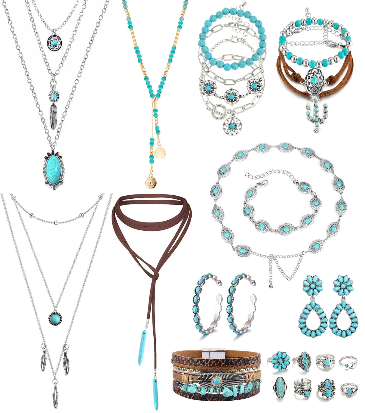 FEYIR Bohemian Turquoise Jewelry Set for Women Boho Turquoise Layered Necklace Bracelet Western Belt Stackable Ring Earrings Western Jewelry Accessories