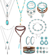 FEYIR Bohemian Turquoise Jewelry Set for Women Boho Turquoise Layered Necklace Bracelet Western Belt Stackable Ring Earrings Western Jewelry Accessories
