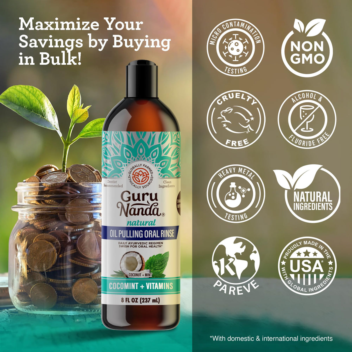 GuruNanda CocoMint Oil Pulling Mouthwash for Complete Oral Hygiene, 7 Essential Oils & Vitamins for Happy Teeth & Gums & Fresh Breath, Alcohol-Free, 6X8 oz