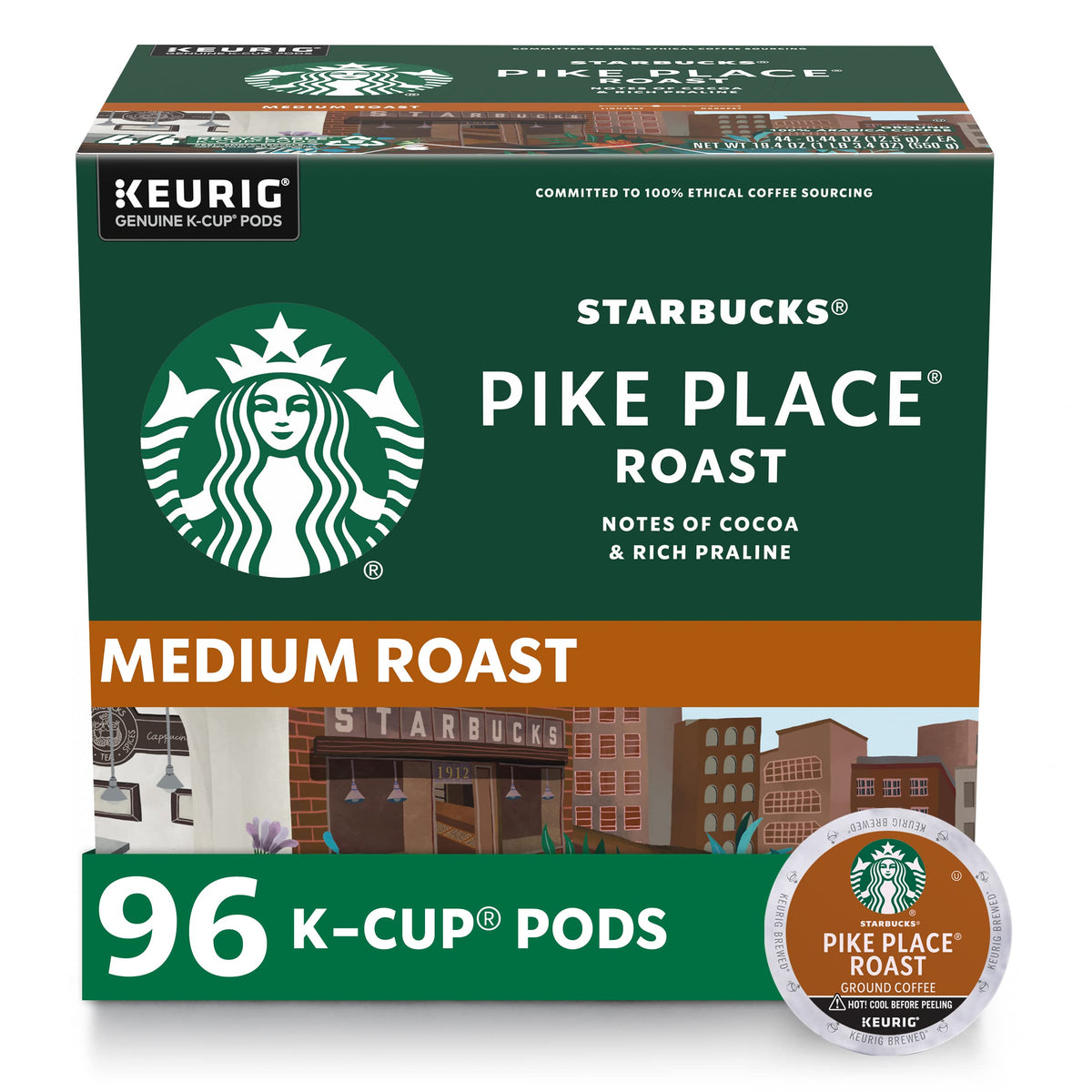 Starbucks K-Cup Coffee Pods, Medium Roast Hot or Iced Coffee, Pike Place Roast, 96 Keurig Pods