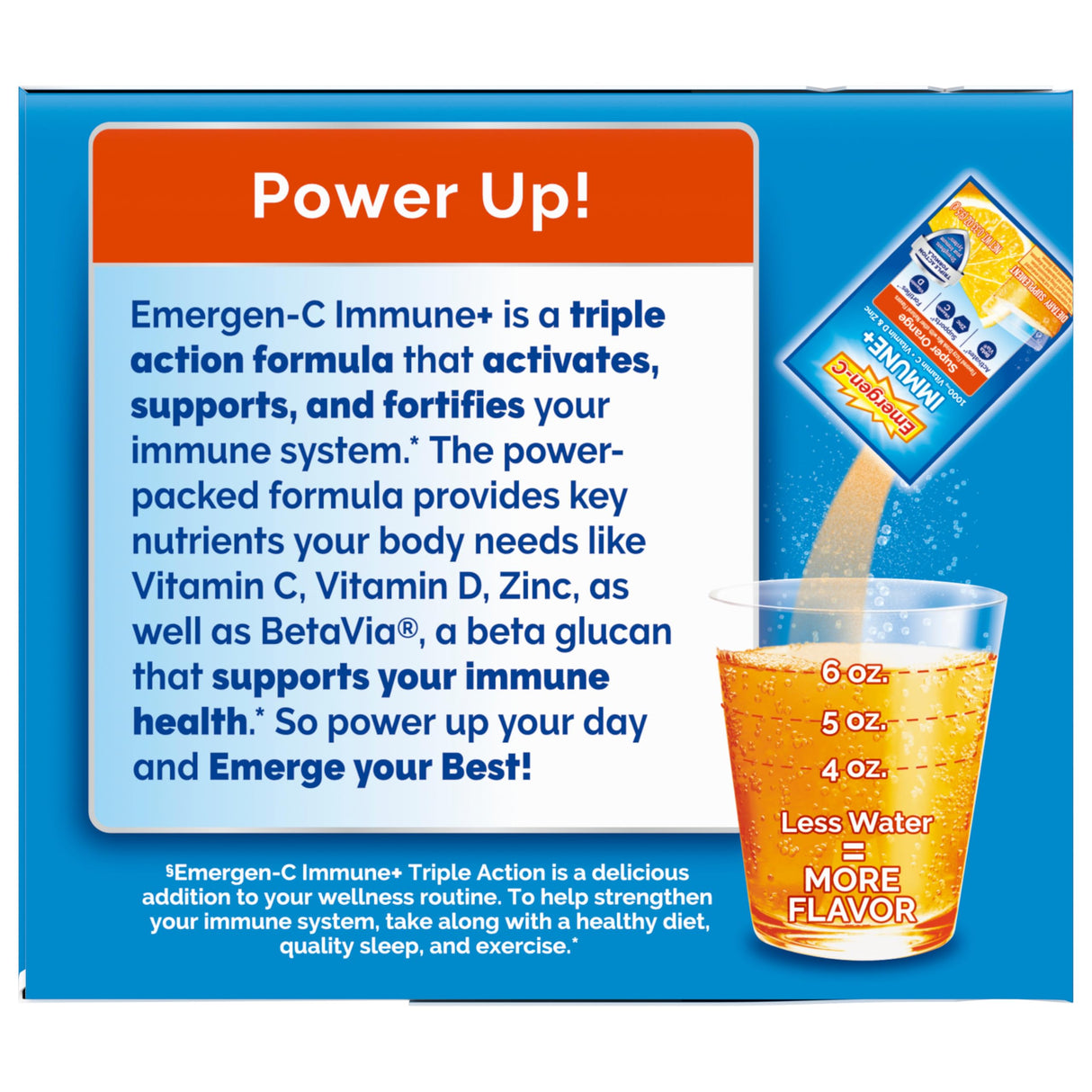 Emergen-C Immune+ Triple Action Immune Support Powder, BetaVia (R), 1000mg Vitamin C, B Vitamins, Vitamin D and Antioxidants, Super Orange – 50 Count