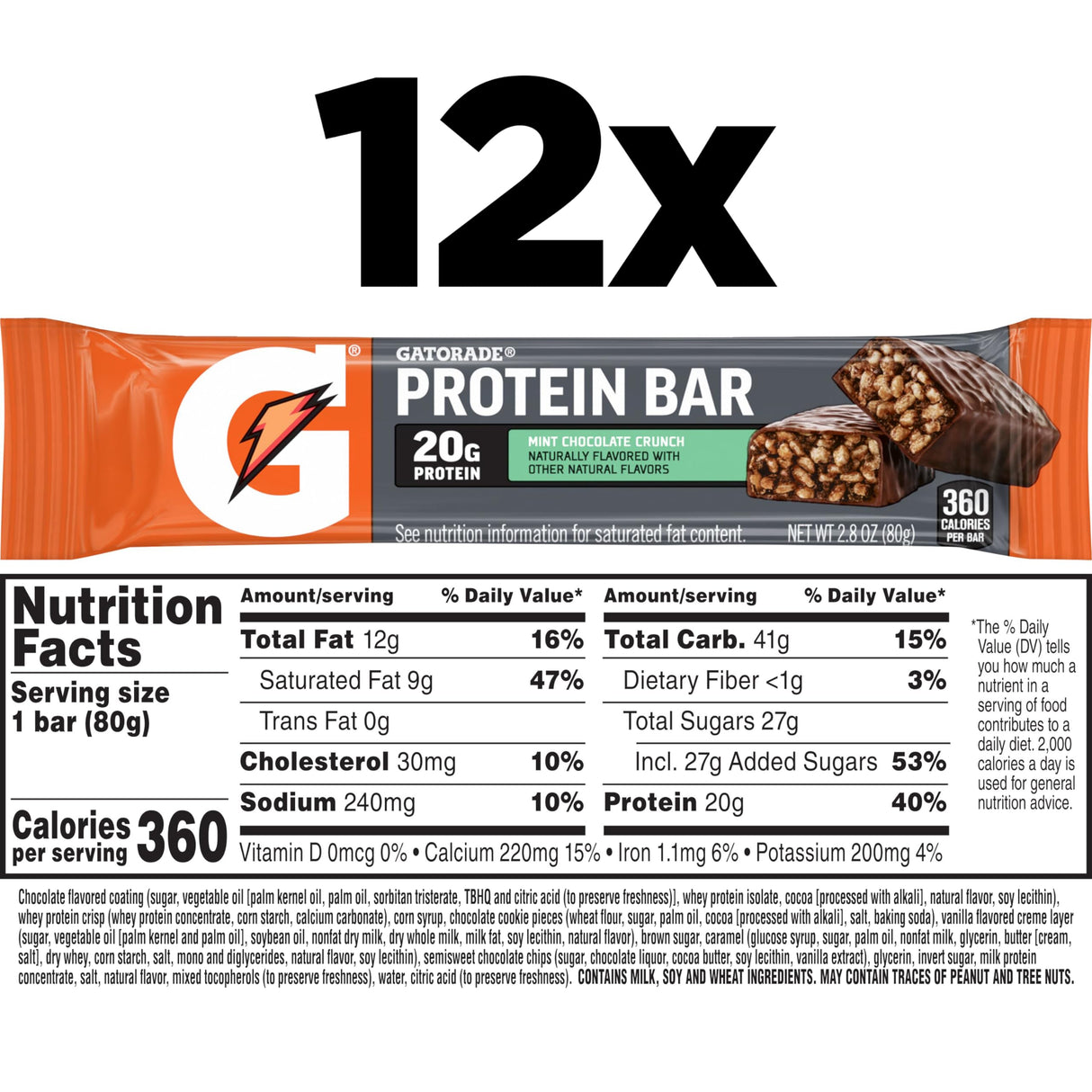 Gatorade Whey Protein Bars, Mint Chocolate Crunch, 2.8 oz bars (Pack of 12, 20g of protein per bar)