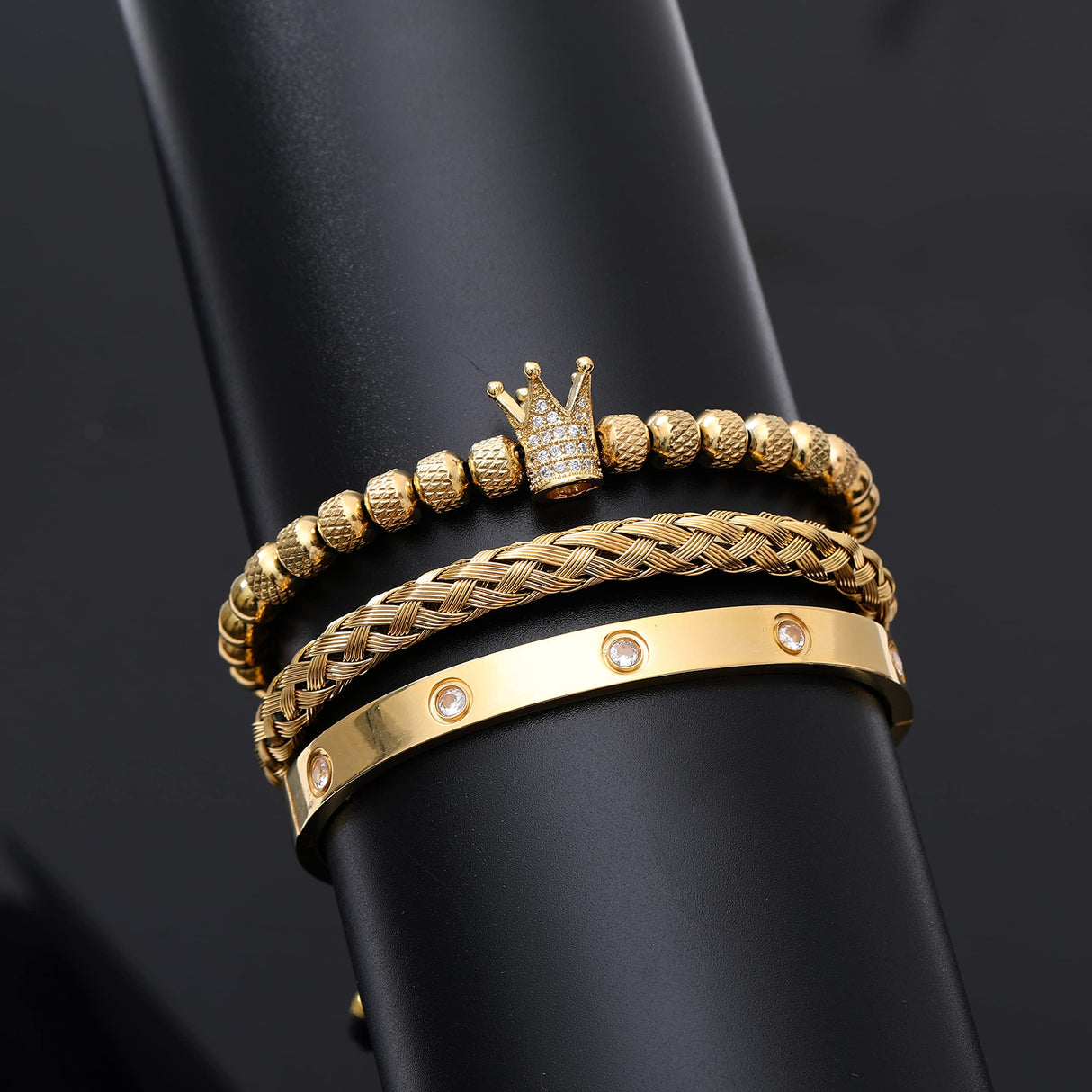 WFYOU 3PCS Stainless Steel Imperial Crown Bracelets for Men Gold Roman Numeral Bangle Bracelet Adjustable Cuff Bracelet Mens Luxury Jewelry Gifts (01:Gold-Cubic Zirconia)