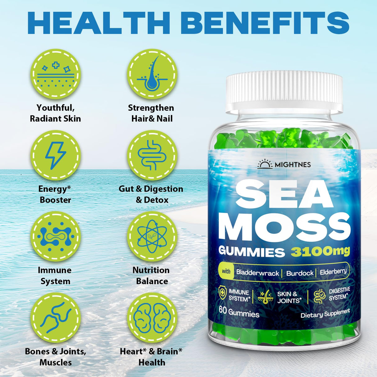 Sea Moss Gummies, 3100mg Irish True Sea Moss Seamoss Gummies for Women & Men with Bladderwrack, Burdock Root, Elderberry Vitamin C and Zinc for Detox Cleanse, Immune, Skin, Digestive, Organic, 120Ct