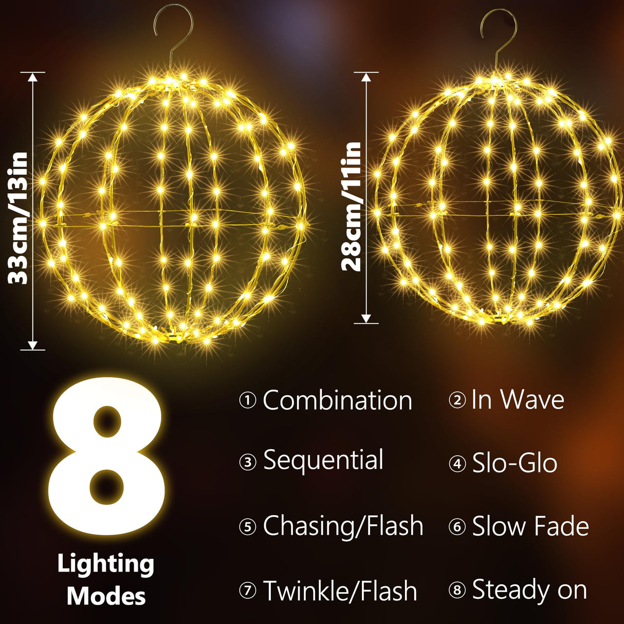 Set of 2 Outdoor Hanging Ball Lights - 2 Sizes of Christmas Battery Operated Garden Lanterns Waterproof Globe Fairy Lights with 8 Lighting Modes Timer Memory Function (Warm White)