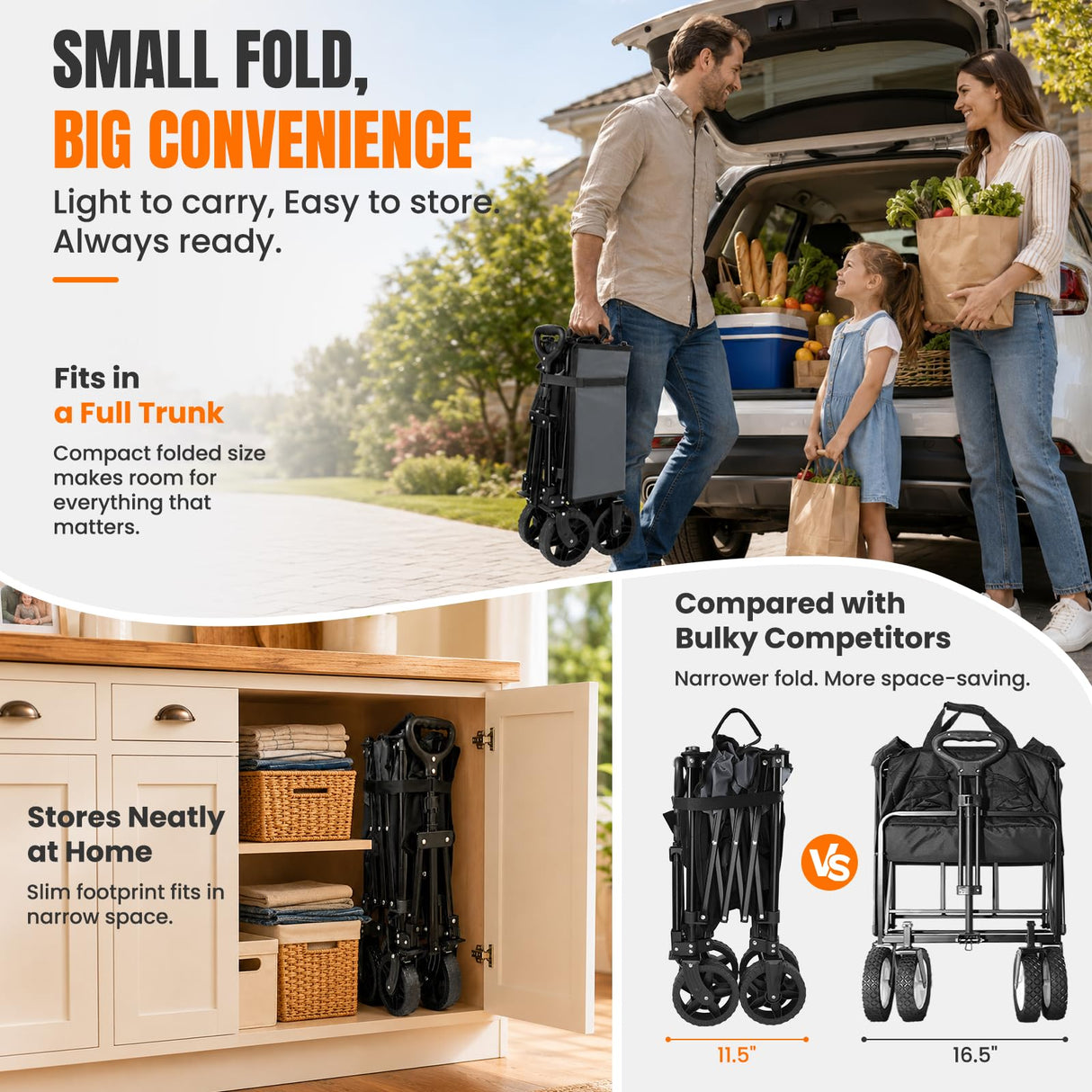 Navatiee 165L Collapsible Folding Wagon, Large Foldable Wagon with Silent All-Terrain Wheels, 330Lbs Heavy Duty Utility Grocery Cart for Camping Shopping Outdoor, Black
