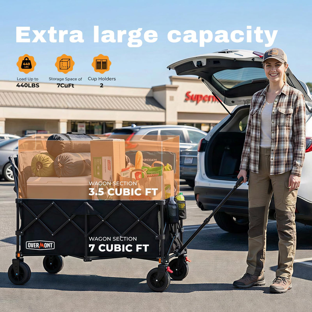 Overmont 46.6" L Extended Collapsible Wagon - 440LBS with All-Terrain Wheel