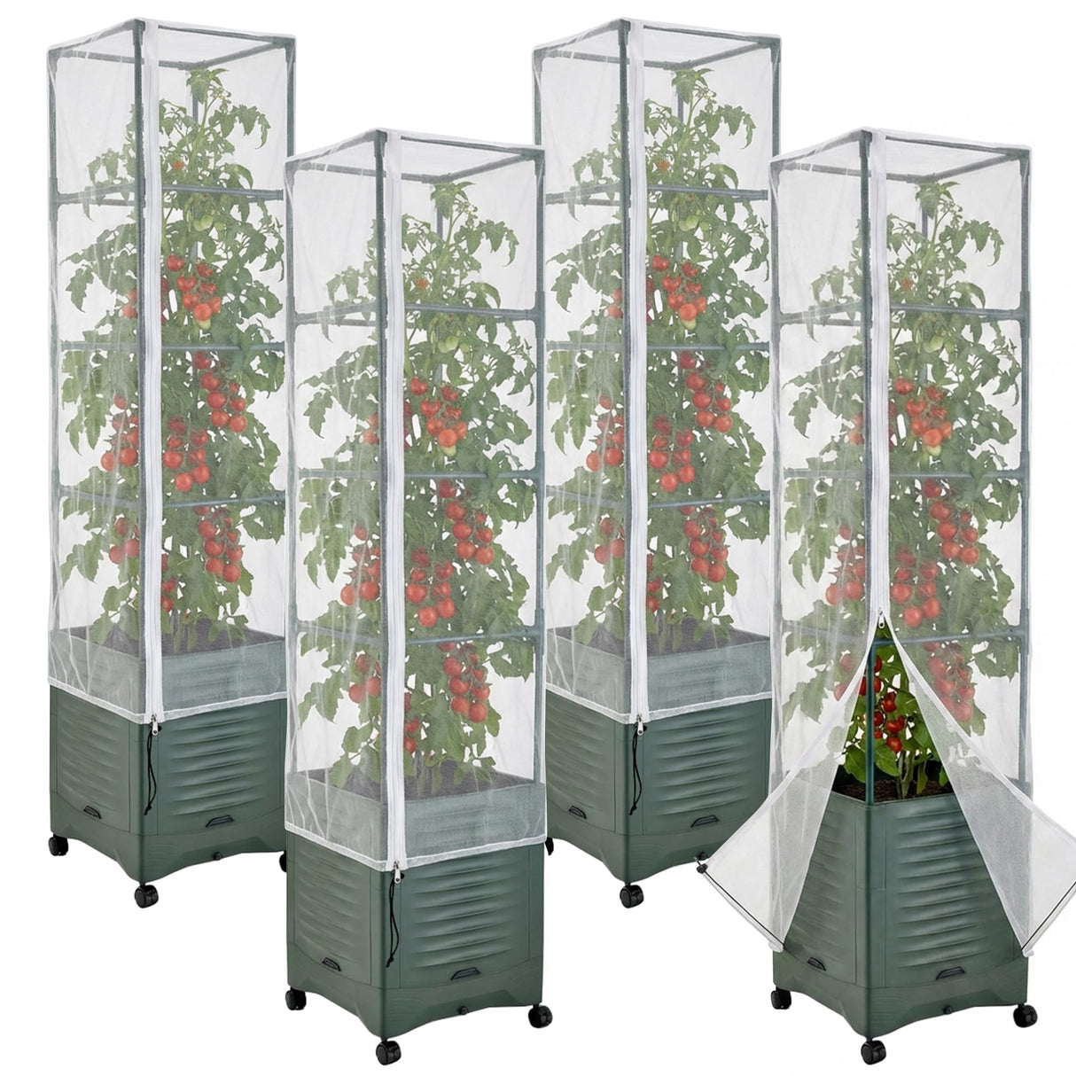 4 Pcs Garden Bird Netting Plant Cover for Square Tomato Cage, 59" x 17.7" Insect Bird Barrier Tomato Cage Net with Zipper & Drawstring, Tomato Trellis Netting Protection Cover for Protecting Plants