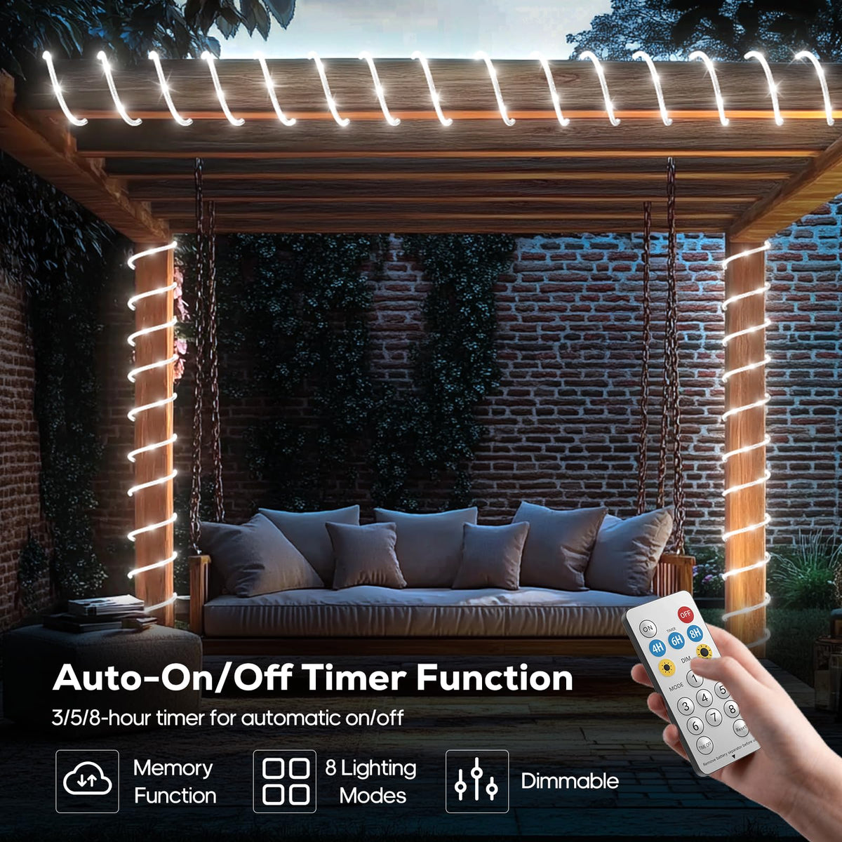 Solar Rope Lights, 66FT 200LED 1800mAh Outdoor IP67 String Lights (White)