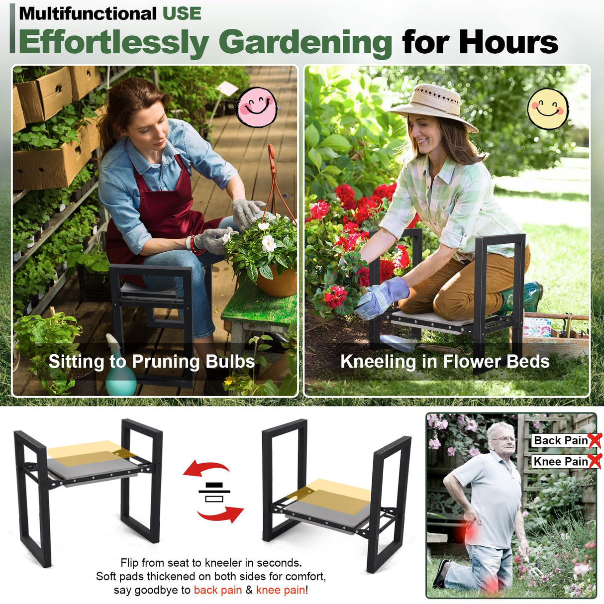 Garden Kneeler and Seat Heavy Duty - Anti-Tip Super Stable Multifunctional Gardening Stool Bench,Wide 12.7" Pads,Foldable Ergonomic Handles for Seniors Women Men Pain-Free Weeding,Planting Yard Work