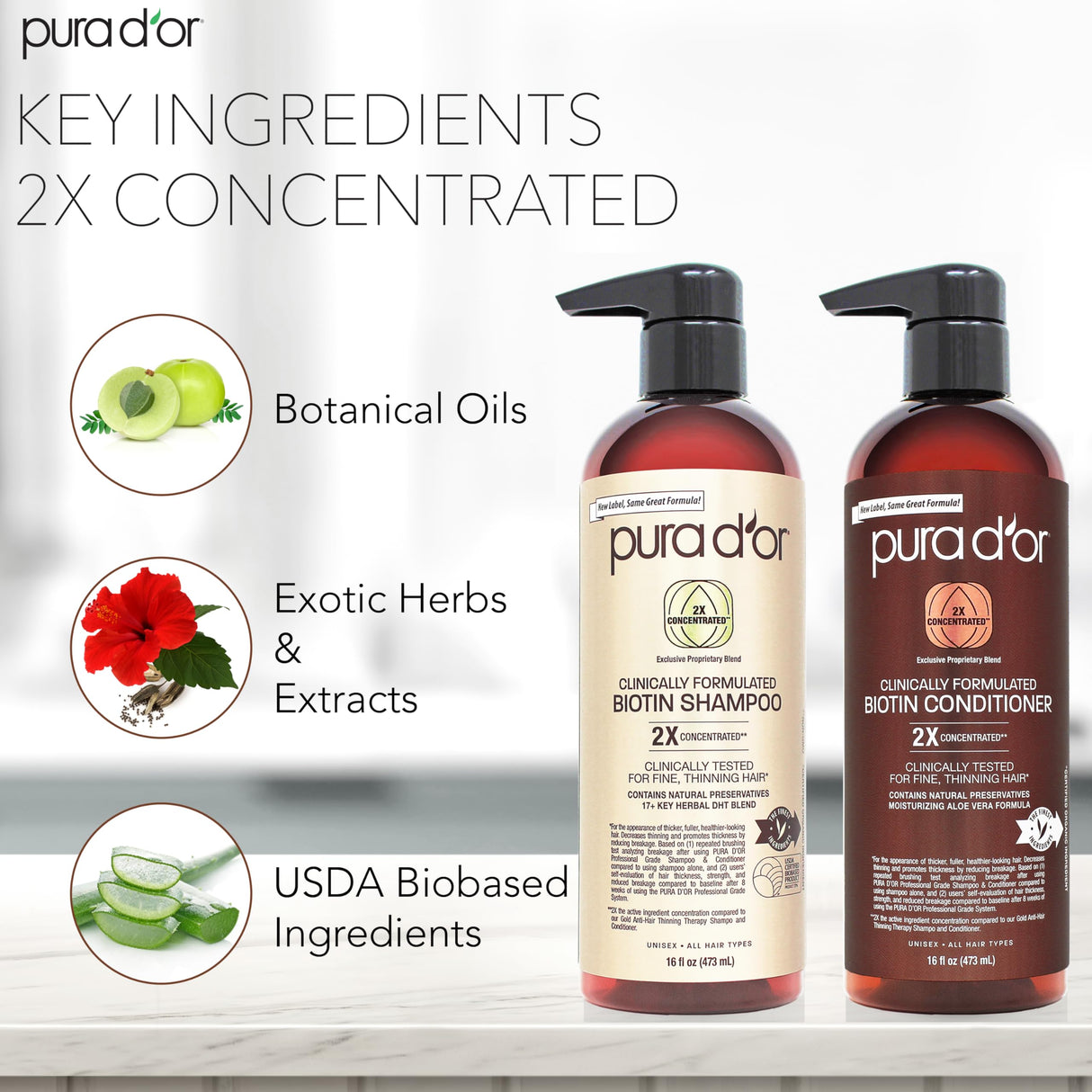 PURA D'OR Professional Grade Clinically Formulated Biotin Shampoo & Conditioner For Hair Thinning - 2X Concentrated Proprietary Herbal Blend Thickening Products For Women & Men, Sulfate Free, 16oz x2