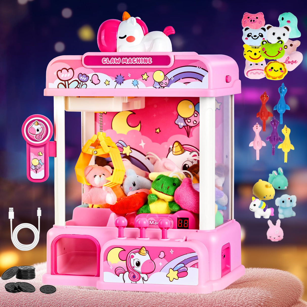 CWLAKON Claw Machine for Kids, Mini Vending Machine Girls Unicorn Toys with Sound & 20 Mini Toys, Candy Grabber Prize Dispenser Machine Electronic Arcade Games, Christmas Birthday Gifts, Pink