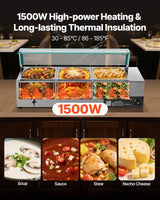 VEVOR Commercial Food Warmer, 1500W Electric Stainless Steel Steam Food Warmer with Glass Cover, 3-Pan Countertop Buffet Bain Marie with Soup & Perforated Ladles, for Catering, Restaurant & Party