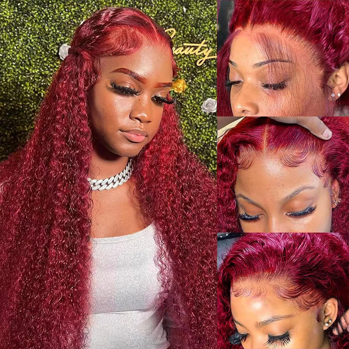 99j Burgundy Lace Front Wigs Human Hair 13x4 Deep Wave Lace Front Wigs Human Hair Pre Plucked 180 Density HD Transparent Wet and Wavy Red Color Curly Wig Human Hair for Women with Baby Hair 24inch