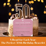 Lucky Feather 50th birthday gifts for her | 50th birthday gifts for women Bracelet | 14K Gold, Rose Gold, or Silver Dipped Beads on Adjustable Cord | Trendy 50 year old gifts for women | With Card