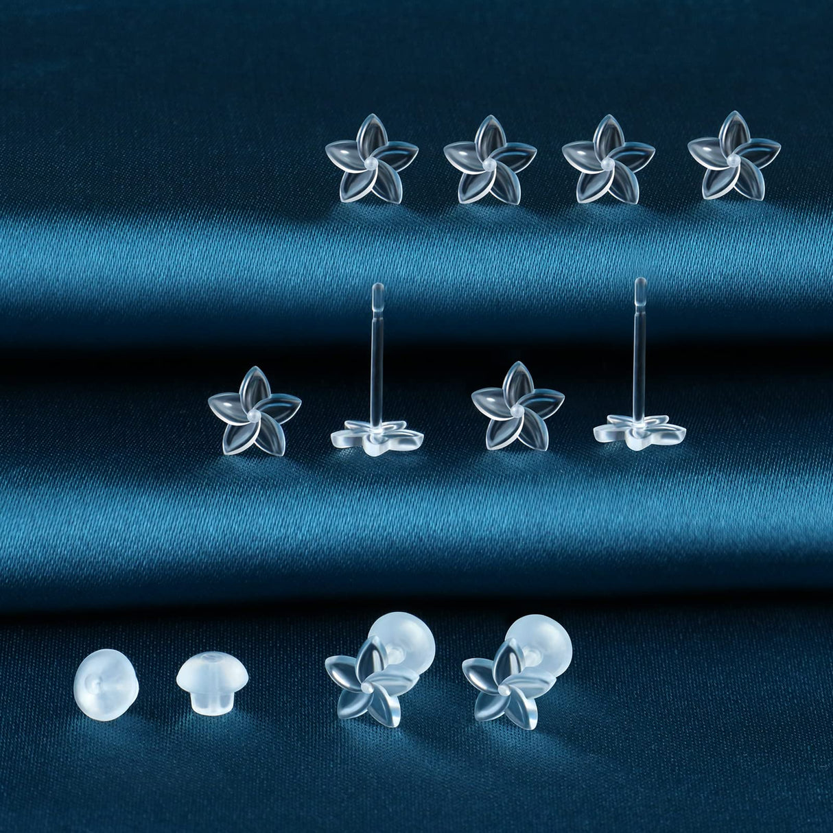 MRI Safe Clear Plastic Earrings for Surgery & Sports, Hypoallergenic Medical Grade Earrings for Sensitive Ears, 20G Silicone Retainer Studs for Women Men - 6 Pairs (Plumeria Flower Design)