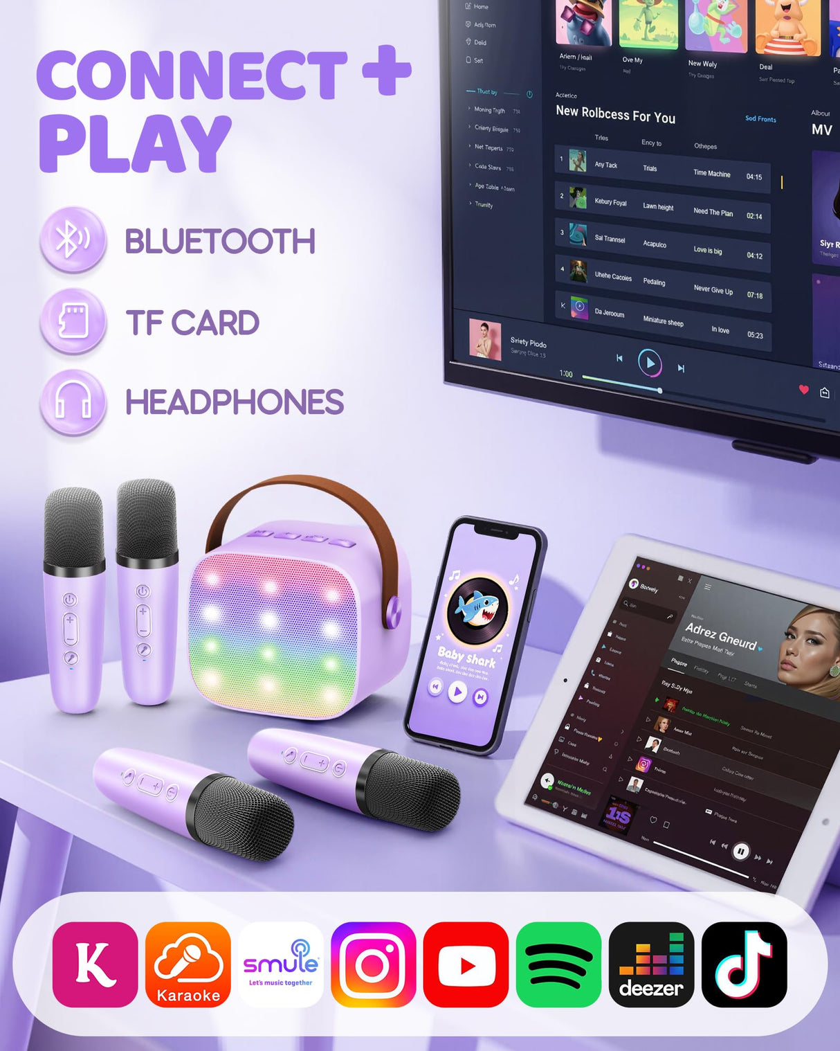 YLL Upgraded Mini Karaoke Machine with 4 Wireless Microphones Toy for Kids, Christmas Birthday Gifts for Girls Boys, Portable Party Bluetooth Speaker for 3, 4, 5, 6, 7, 8, 9, 10+ Year Old (Purple)