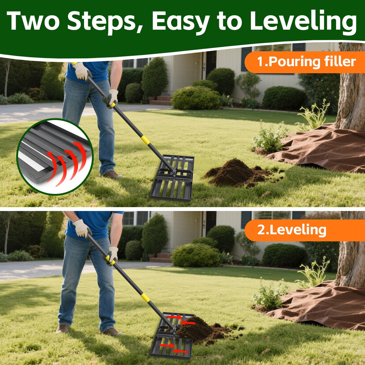Lawn Leveling Rake 30”x10” Large Heavy Duty Metal Lawn Leveler with Long Adjustable Handle Proffesional Yard Leveling Rake for Soil Dirt Sand Compost Efficient Lawn Leveling Tool (Foldable 5FT)