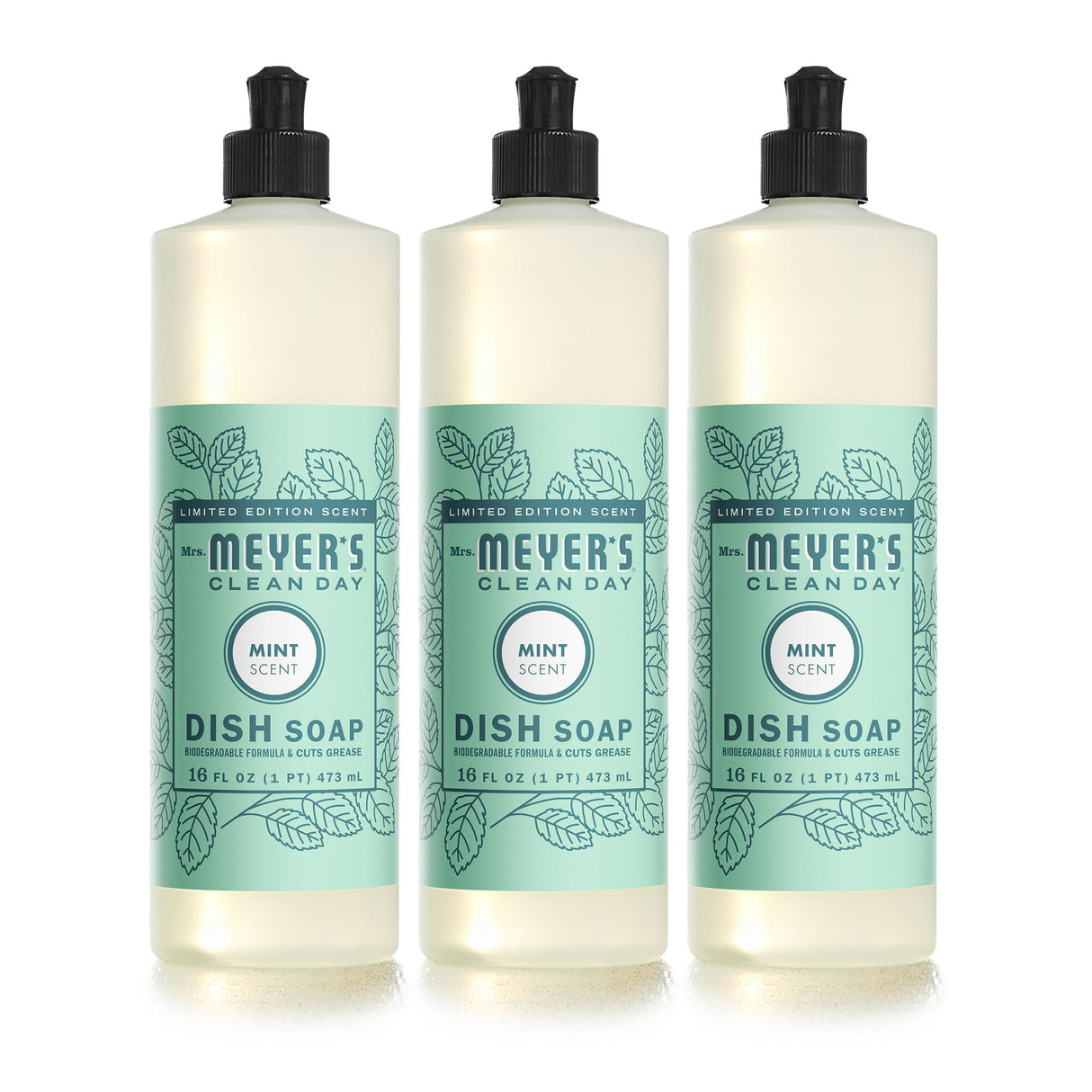 MRS. MEYER'S CLEAN DAY Liquid Dish Soap, Biodegradable Formula, Limited Edition Mint, 16 fl. oz - Pack of 3