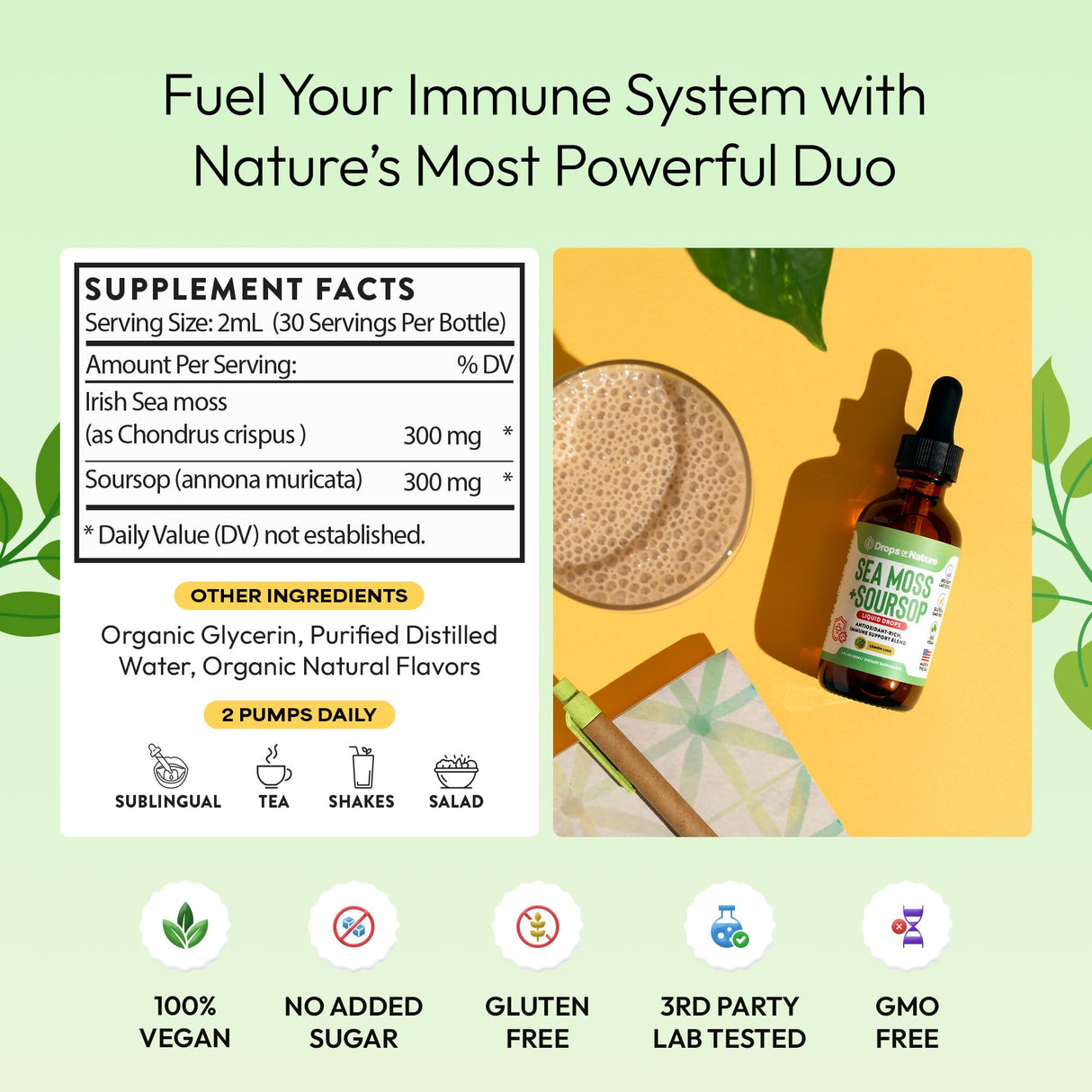 Soursop with Sea Moss Liquid Supplement – More Concentrated Than Sea Moss Gel – Easily Mix with Drinks – Soursop Bitters Liquid Drops for Hydration and Immune Support (Lemon Lime, 60mL)